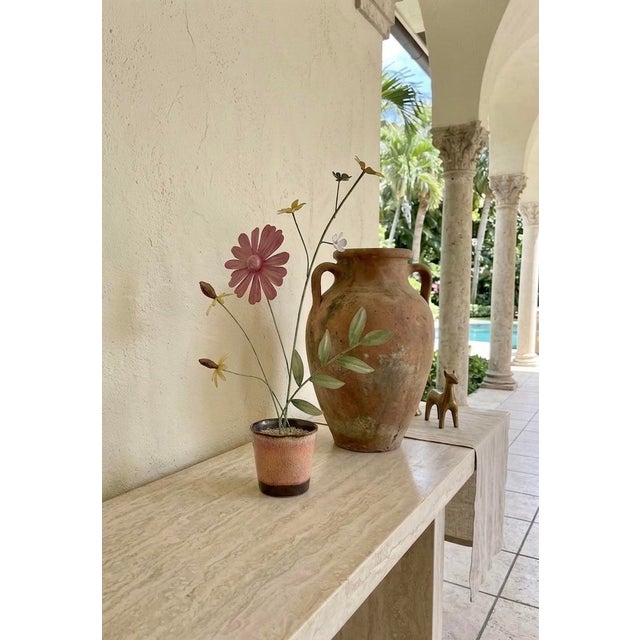 Vintage Italian Hand-Painted Toleware Metal Flowers in Glazed Ceramic Pot For Sale - Image 9 of 11