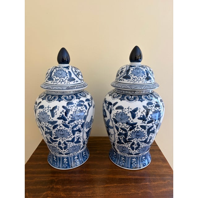 Chinoiserie Chinoiserie Large Blue and White Porcelain Ginger Jars, Pair For Sale - Image 3 of 6