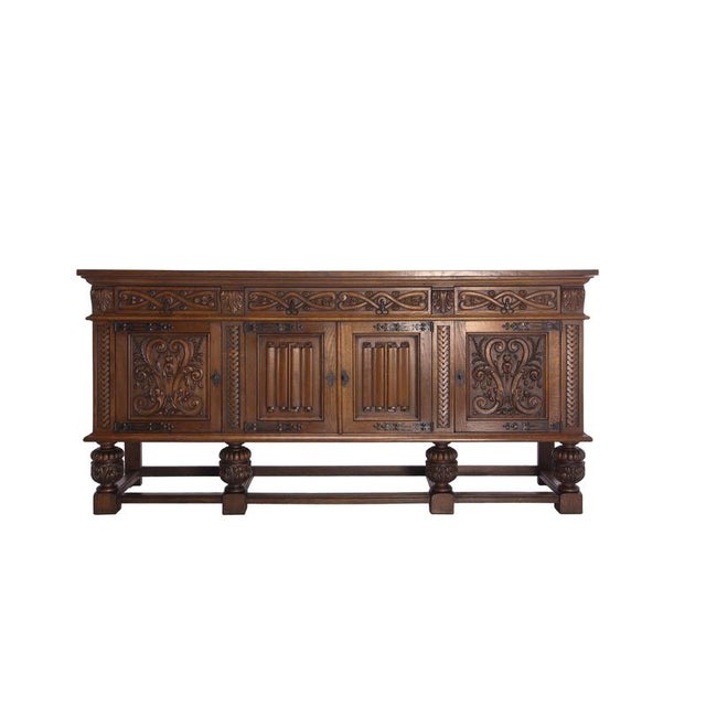 Neo-Renaissance Spanish Large Carved Oak Buffet, 1950 For Sale - Image 3 of 18