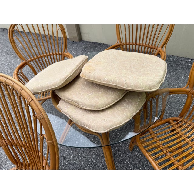Brown 1980s Coastal Island Style Rattan/Bamboo Glass Top Dining or Game Table & 4 Chairs a Set For Sale - Image 8 of 11