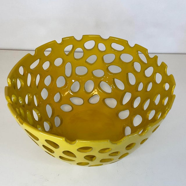 Ceramic 1990s Contemporary Free Form Cutout Ceramic Decorative Bowl in Mustard Yellow For Sale - Image 7 of 13