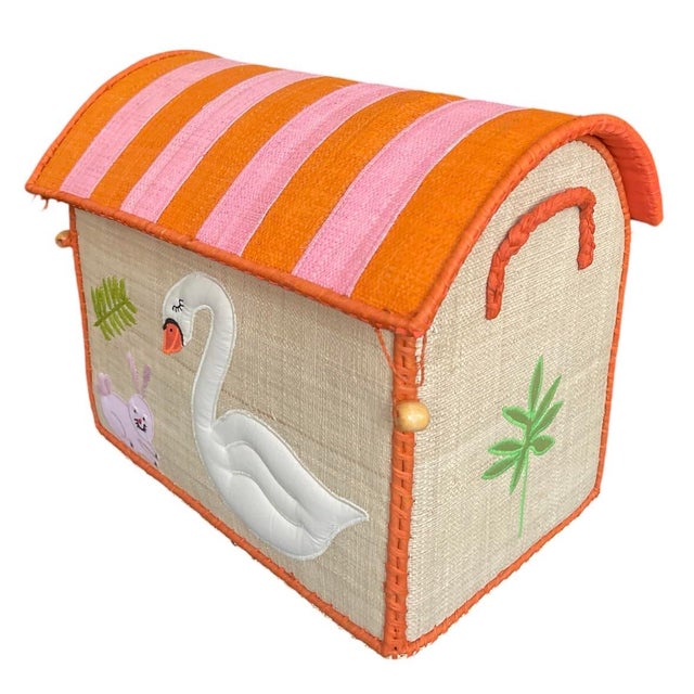 Vintage Madagascar Woven Raffia Domed Toy Box Trunk With Swan Appliqué For Sale - Image 4 of 12