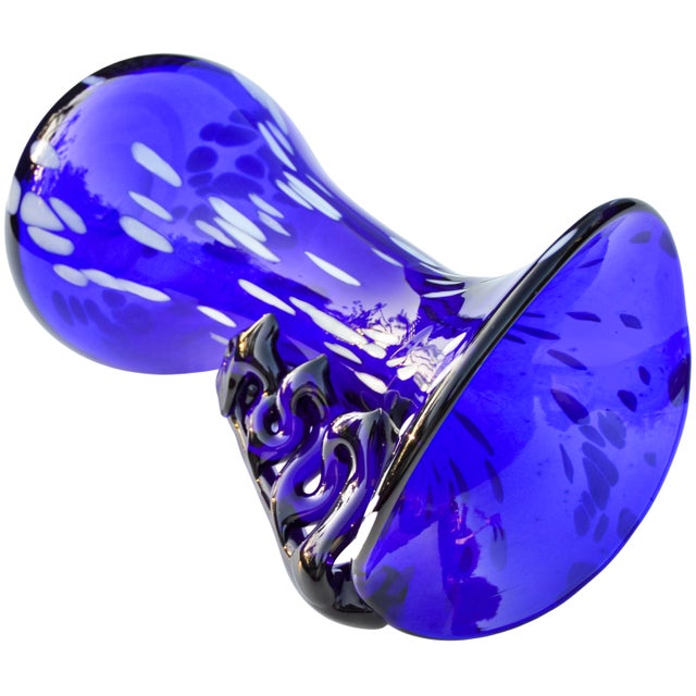 Mid 20th Century Handmade Blue & White Art-Glass Vase With Swirled Handle For Sale In New York - Image 6 of 9