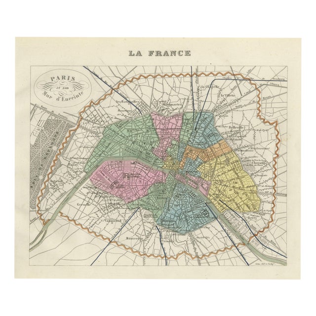Antique Plan of Paris and Its Fortified Enceinte by Vuillemin, 1860 For Sale