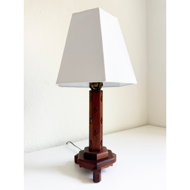 1940s Hexagonal Wood Table Lamp With Diamond Relief For Sale - Image 10 of 11
