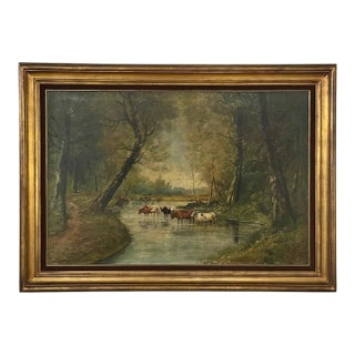 Framed Oil Painting on Canvas by J. Vanlint 'Landscape With Cows' For Sale