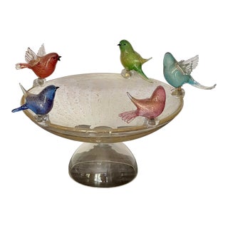 Large Murano Glass Bird Bath W/ Multicolored Birds For Sale