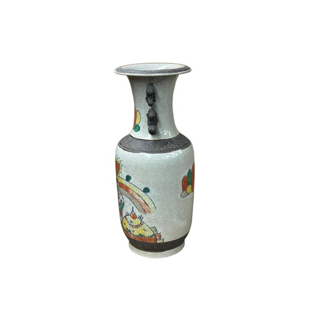 Orient Crackle Gray Warrior Graphic Artistic Pottery Ceramic Vase For Sale - Image 13 of 14