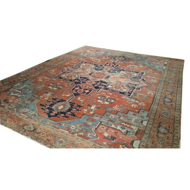 Art Deco Antique Grand Medallion Persian Serapi Hand Made Rug - 11'6" X 15' - Size Cat. 10x14 12x15 For Sale - Image 3 of 4
