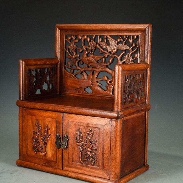Chinese Vintage Chinese Huali Rosewood Shrine Cabinet | Openwork Carved Altar With Magpie & Plum Motif For Sale - Image 3 of 9