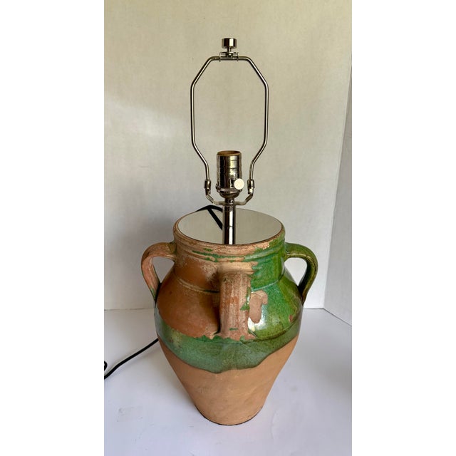 Mid 20th Century Vintage Terracotta Green Glazed Handled Confit Jar Converted to Table Lamp For Sale - Image 5 of 10