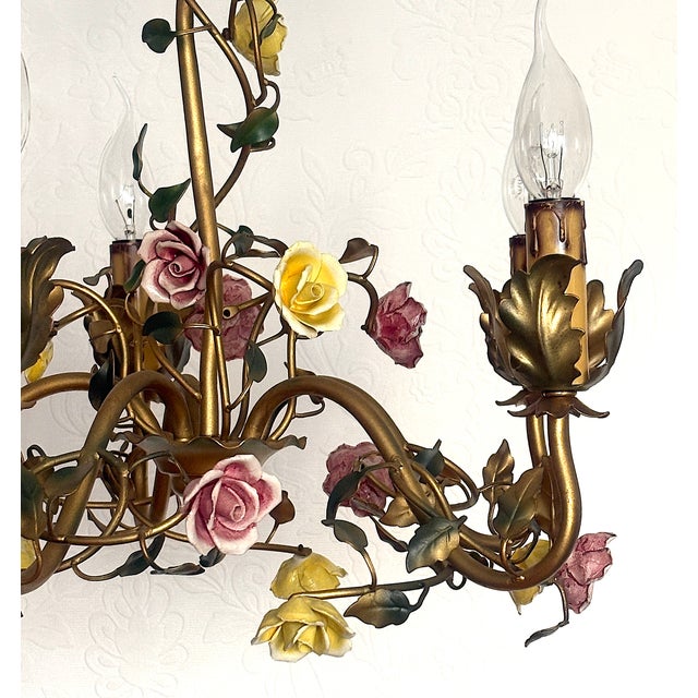 Italian Metal and Porcelain Flower Chandelier, 1940s For Sale - Image 16 of 17