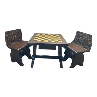 Walnut Chess Table With Hand-Carved Figures. Spain, 1960s For Sale