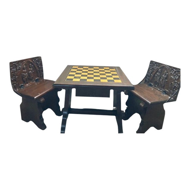 Walnut Chess Table With Hand-Carved Figures. Spain, 1960s For Sale