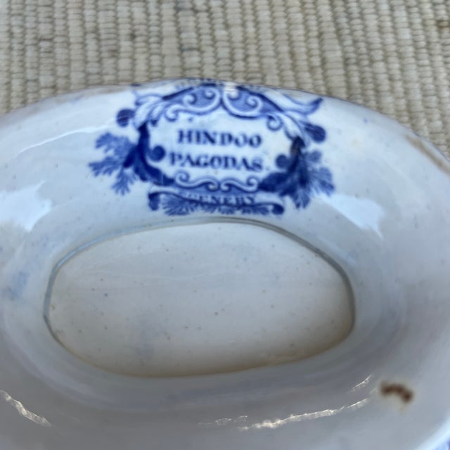 Antique Pearlware Blue Transfer Decorated Sauce Tureen With Lid, "Hindoo Pagodas" Circa 1820's For Sale - Image 9 of 12