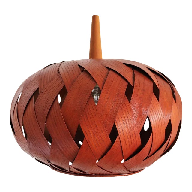 Organic Modernist Natural Teak Wood Veneer and Wicker Pendant Lamp, 1960s For Sale