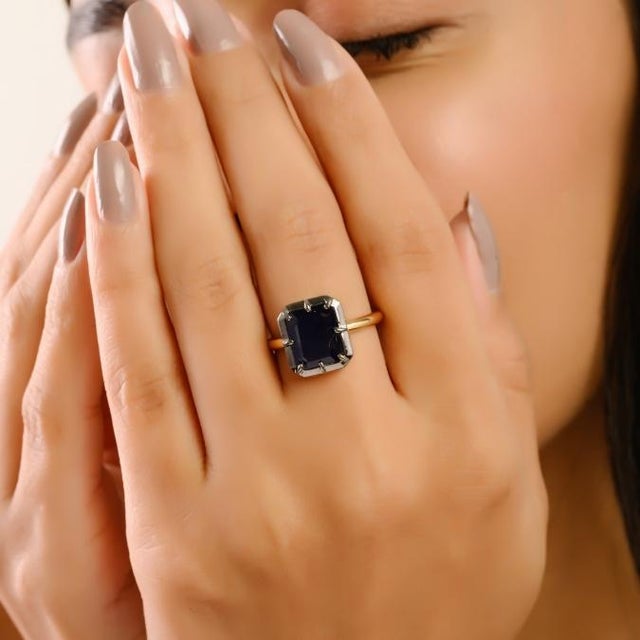 18k Yellow Gold Blue Sapphire & Black Rhodium Art Deco Ring Size 5.5 For Sale - Image 4 of 16