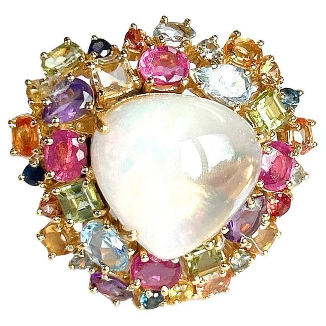 Bochic “Orient” Opal & Multi Gem Cluster Ring Set In 18K Gold & Silver, Size 8.5 For Sale