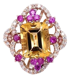 7.25 Carat Citrine Sapphire Diamond Rose Gold Cocktail Ring, Size 7