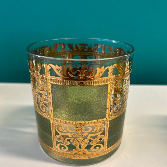 Culver Ltd. 1960s Culver LTD Green and Applied Gold Lowball Cocktail Rocks Glasses - Set of 6 Signed For Sale - Image 4 of 7