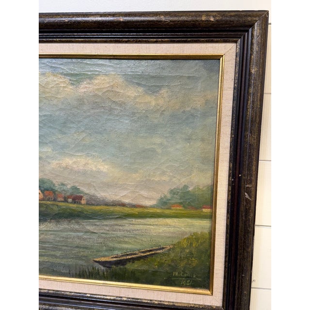 1960s Antique English Oil on Canvas Distant Village For Sale - Image 5 of 7