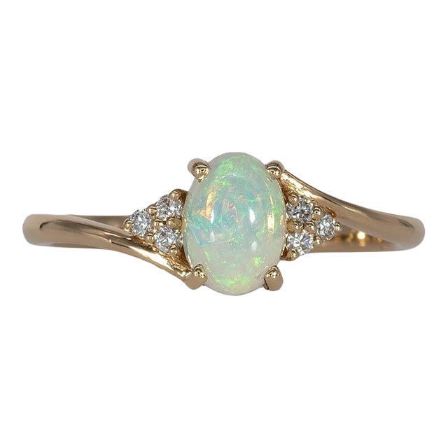Ethiopian Opal Cabochon Ring With Diamond Accents: Solid 14k Gold, Size 6.75 For Sale