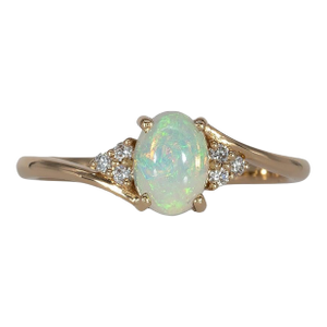 Ethiopian Opal Cabochon Ring With Diamond Accents: Solid 14k Gold, Size 6.75