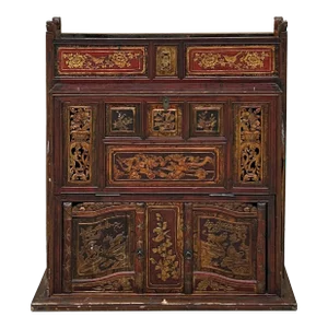 Vintage Chinese Fujian Golden Carving Wedding Trunk Cabinet Chest