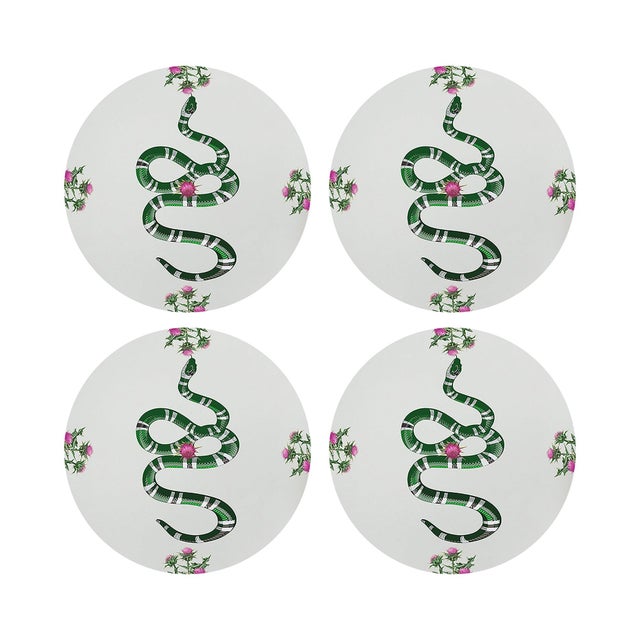 Thistle And Snake Pink White Vegan Leather Round Pebble Placemat, Set of 4 For Sale - Image 4 of 5