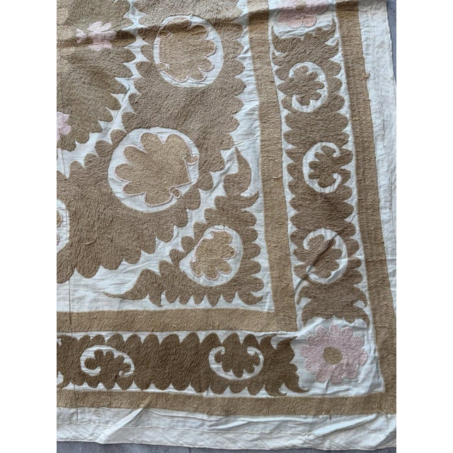 Mid-Century Modern Handmade Neutral Tan Suzani Wall Tapestry 4'4'' X 4'6'' For Sale - Image 3 of 6