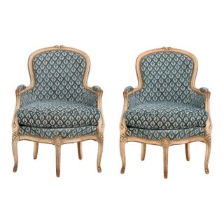 Pair of French Painted Three-Leg Louis XV Style Bergère Lounge Chairs | C. 1940 For Sale