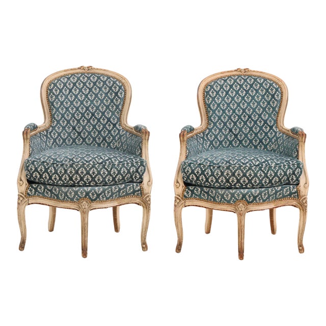 Pair of French Painted Three-Leg Louis XV Style Bergère Lounge Chairs | C. 1940 For Sale