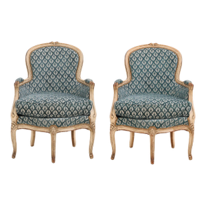 Pair of French Painted Three-Leg Louis XV Style Bergère Lounge Chairs | C. 1940