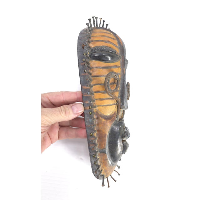 Enzo Borgini Italian Mid Century Terra Cotta With Iron Sculpture Wall Art Tribal Mask For Sale - Image 4 of 6