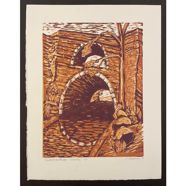 1999 Stephen Krauss Double Arch Bridge Lancashire England Woodblock For Sale - Image 4 of 4