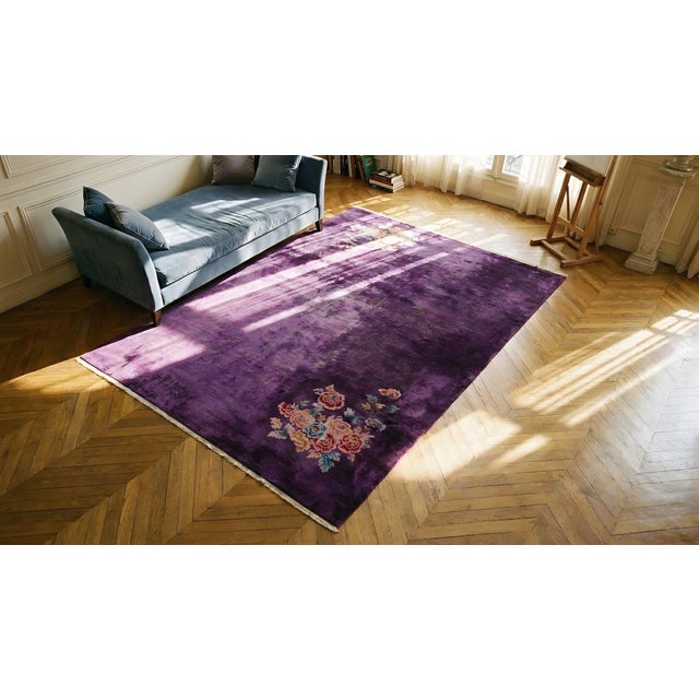 Textile Wonderful Purple Open Field With Unique on the Corner Detail Floral Antique Chinese Art Deco Rug For Sale - Image 7 of 9
