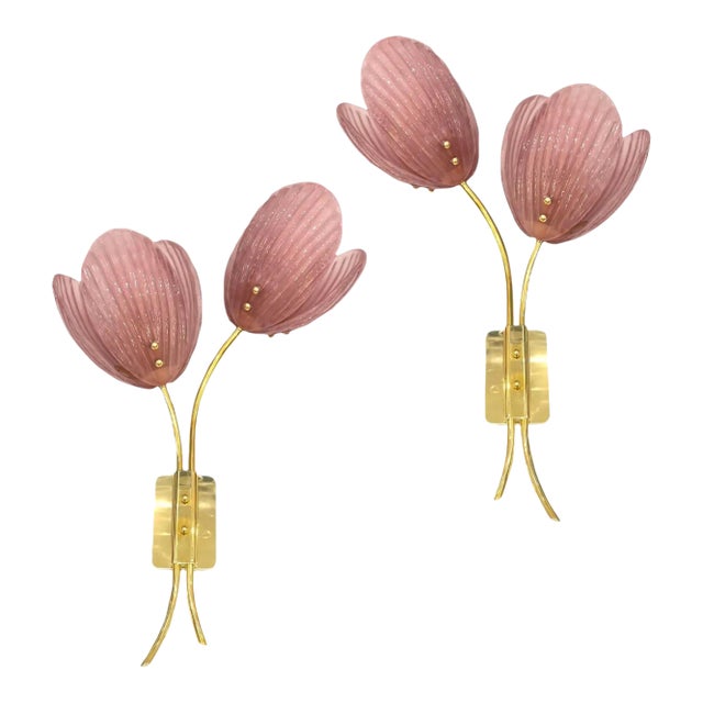 Contemporary Italian 2-Branch Pink Murano Glass Tulip Flower Gold Brass Sconces - a Pair For Sale