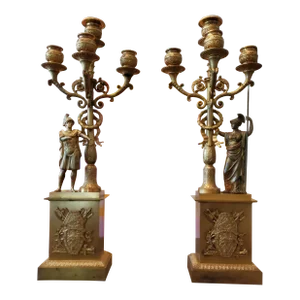 Antique French Empire Bronze Warrior Roman Candelabras - a Pair