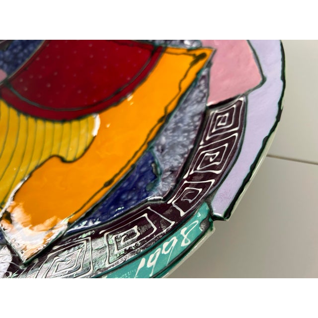 1990s “Cubist” Handmade Ceramic Decorative Plate, Signed Saldaitis For Sale - Image 4 of 9