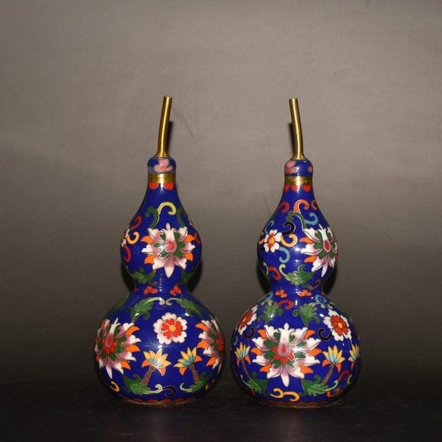 Pair Vintage Chinese Cobalt Blue Cloisonné Gourd Vases, Floral Scroll Motif For Sale In Los Angeles - Image 6 of 9