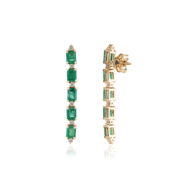 Dark Green 1.87ct Octagon Emerald & Diamond Linear Dangle Earrings in 14k Yellow Gold- A Pair For Sale - Image 8 of 13