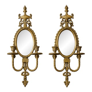 Pair of Vintage Solid Brass Japanese Hollywood Regency Mirrored Wall Sconces For Sale