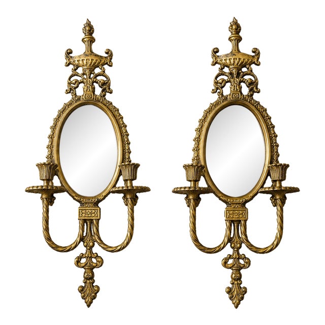 Pair of Vintage Solid Brass Japanese Hollywood Regency Mirrored Wall Sconces For Sale