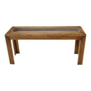 Reed or Rattan Glass Top Mid-Century Modern Console Table