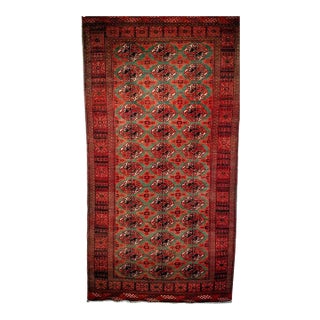 Vintage Turkmen Area Rug, Hand-Knotted Wool, Allover Geometric Pattern, Pistachio Green & Red, 4x8 For Sale