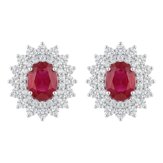 Natural 18k Gold Diamond 1.93ct & Ruby 2.44ct Stud Earrings For Sale