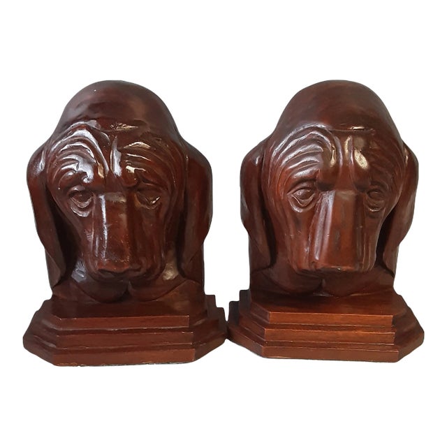 Vintage Hand-Carved Basset Hound Wooden Bookends- a Pair For Sale