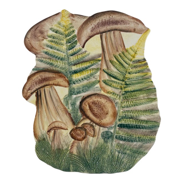 1970s Italian Majolica Fern and Mushroom Trivet or Wall Decor For Sale