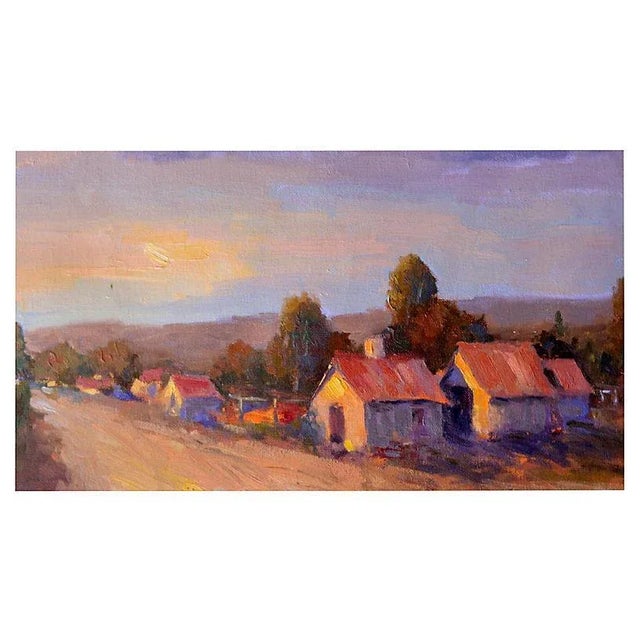 Oil painting of a purple sunset over a Napa County, California country road. In the style of artists from Ovannes...