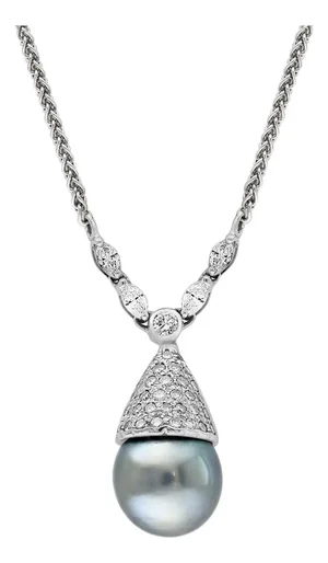 14 Mm Black Round Tahitian Pearl & 2 Ct Diamond 14 Kt Gold Pendant /Necklace